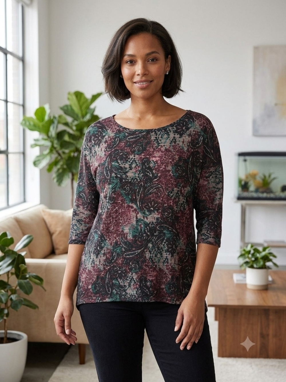 Bobbie Brooks Ladies' Scoop Neck Top in Teal, Burgundy & Gray Abstract WS 134